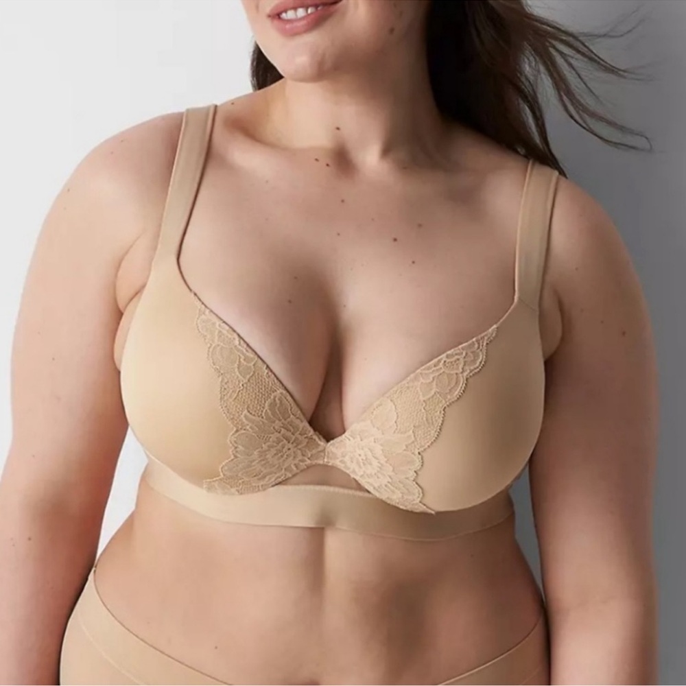 Cacique for Lane Bryant beige underwire bra with lace detail.